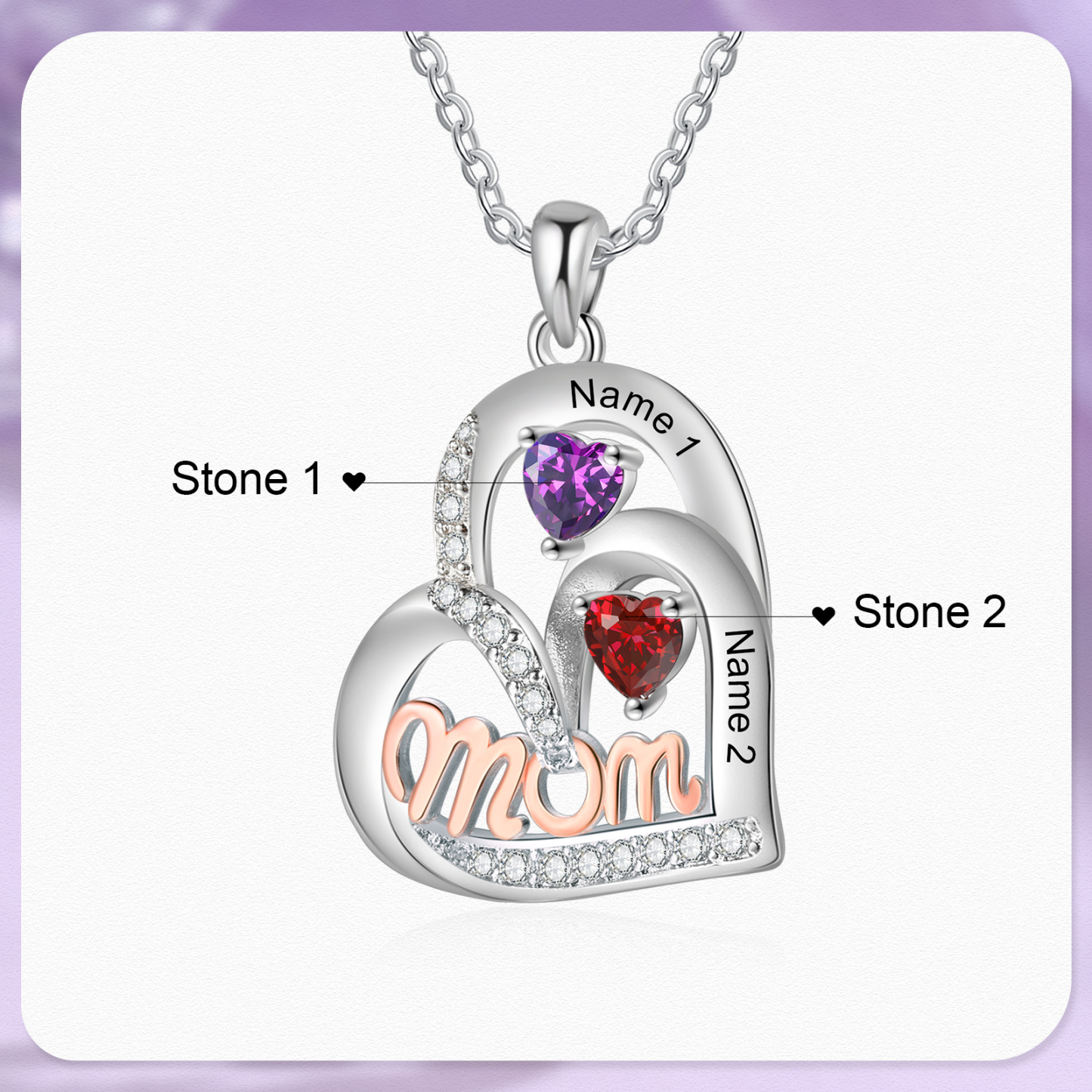 Personalisierte 2 Namen & 2 Geburtssteinen mit rosegold MOM Doppelherz-Halskette-Herzliches Geschenk für Mama Mutter
