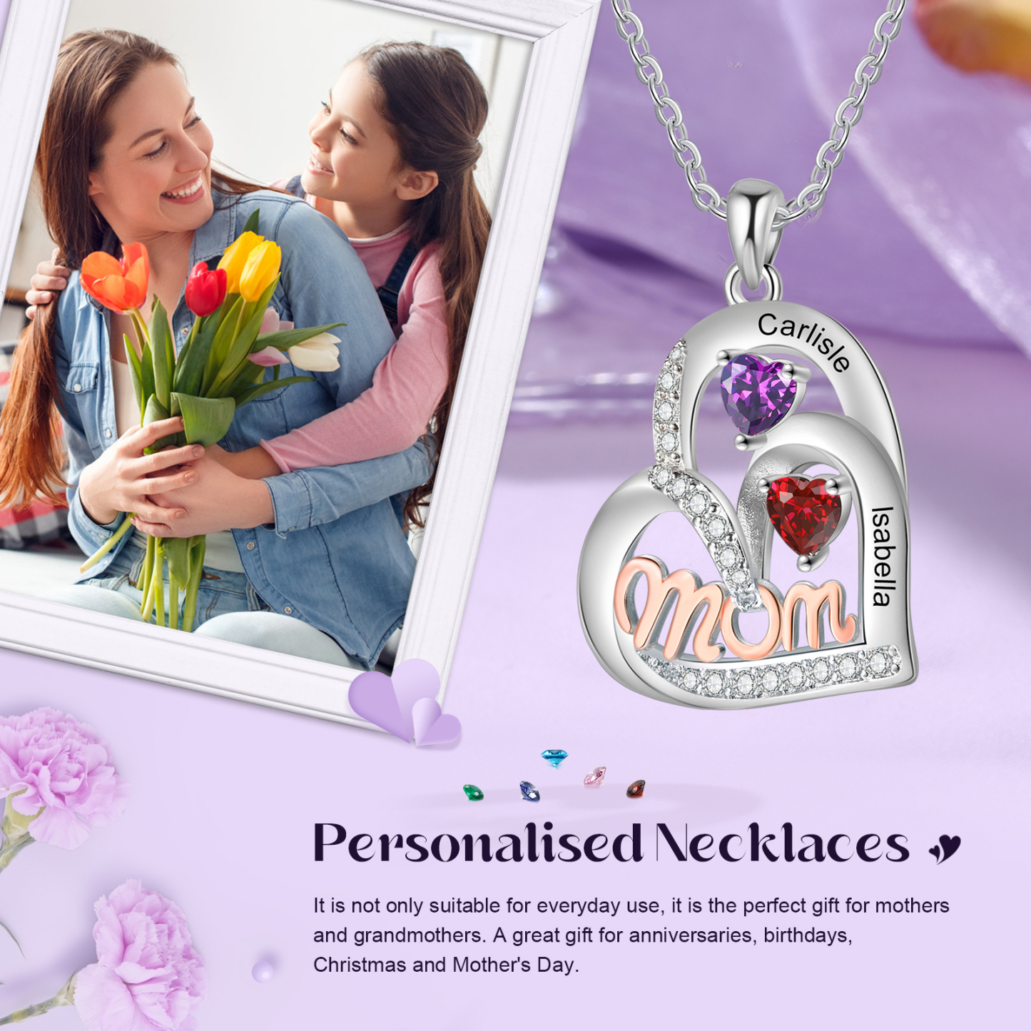 Personalisierte 2 Namen & 2 Geburtssteinen mit rosegold MOM Doppelherz-Halskette-Herzliches Geschenk für Mama Mutter
