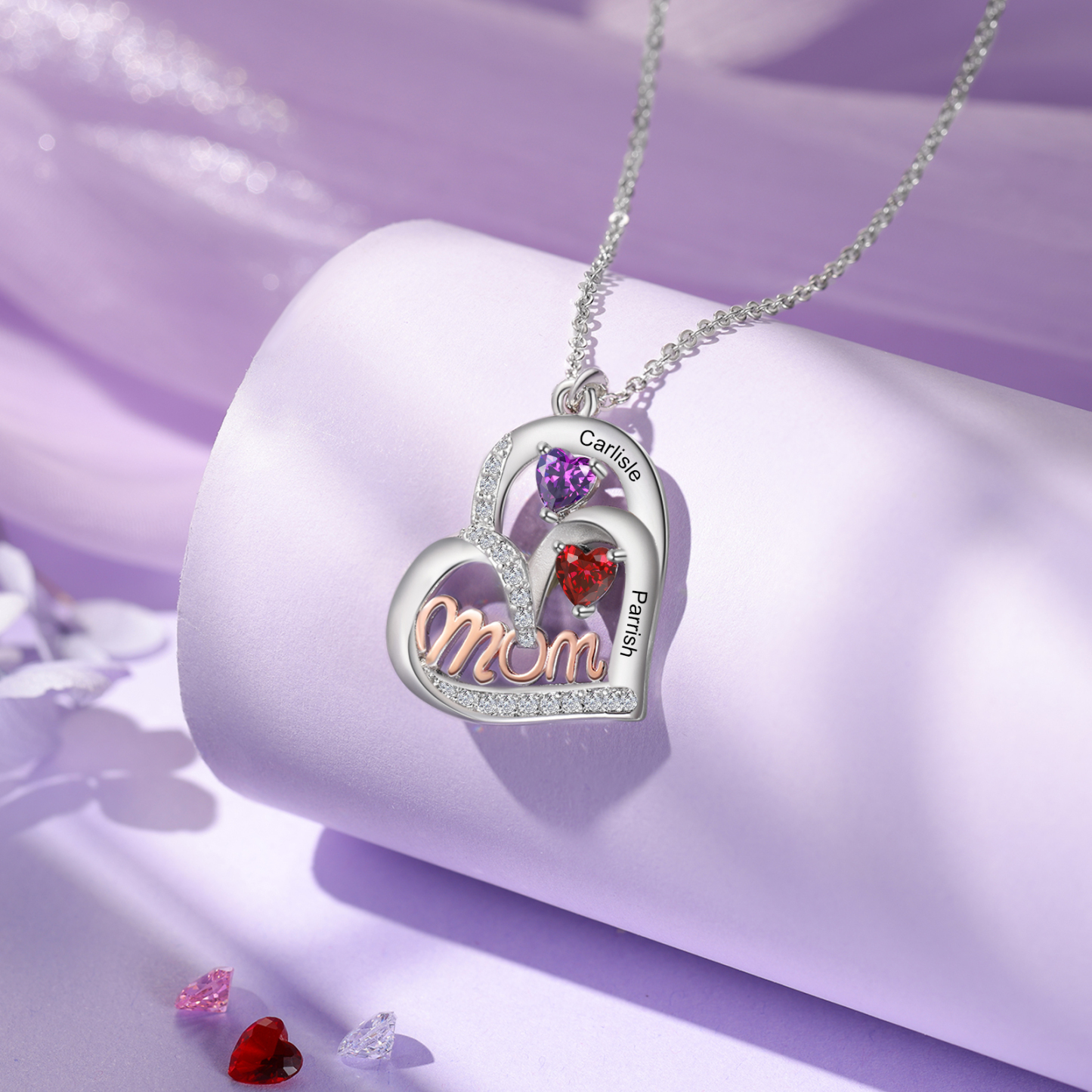 Personalisierte 2 Namen & 2 Geburtssteinen mit rosegold MOM Doppelherz-Halskette-Herzliches Geschenk für Mama Mutter
