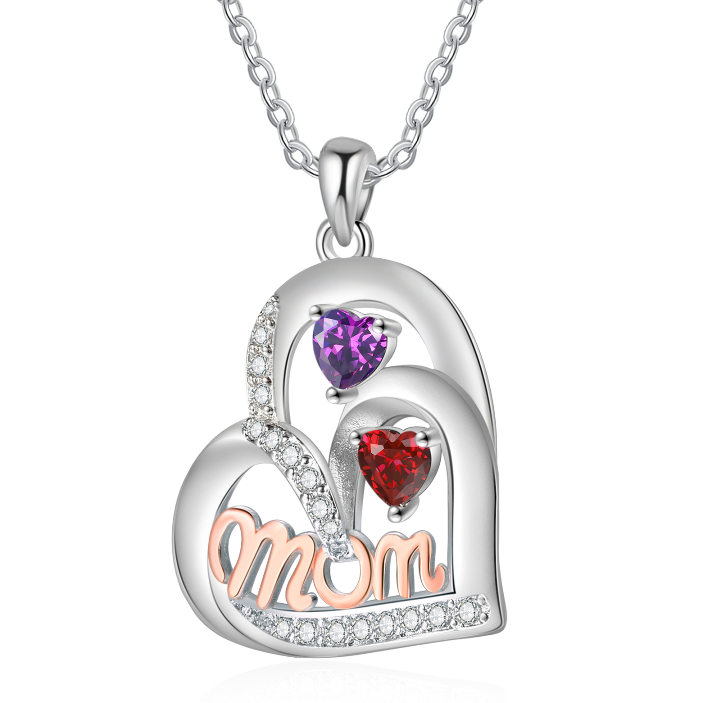 Personalisierte 2 Namen & 2 Geburtssteinen mit rosegold MOM Doppelherz-Halskette-Herzliches Geschenk für Mama Mutter