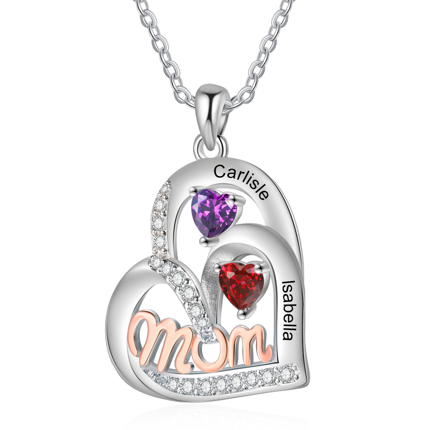 Personalisierte 2 Namen & 2 Geburtssteinen mit rosegold MOM Doppelherz-Halskette-Herzliches Geschenk für Mama Mutter