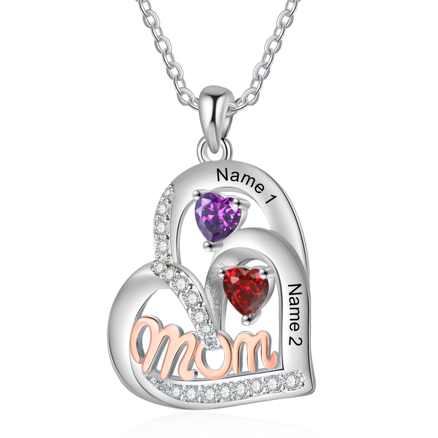 Personalisierte 2 Namen & 2 Geburtssteinen mit rosegold MOM Doppelherz-Halskette-Herzliches Geschenk für Mama Mutter