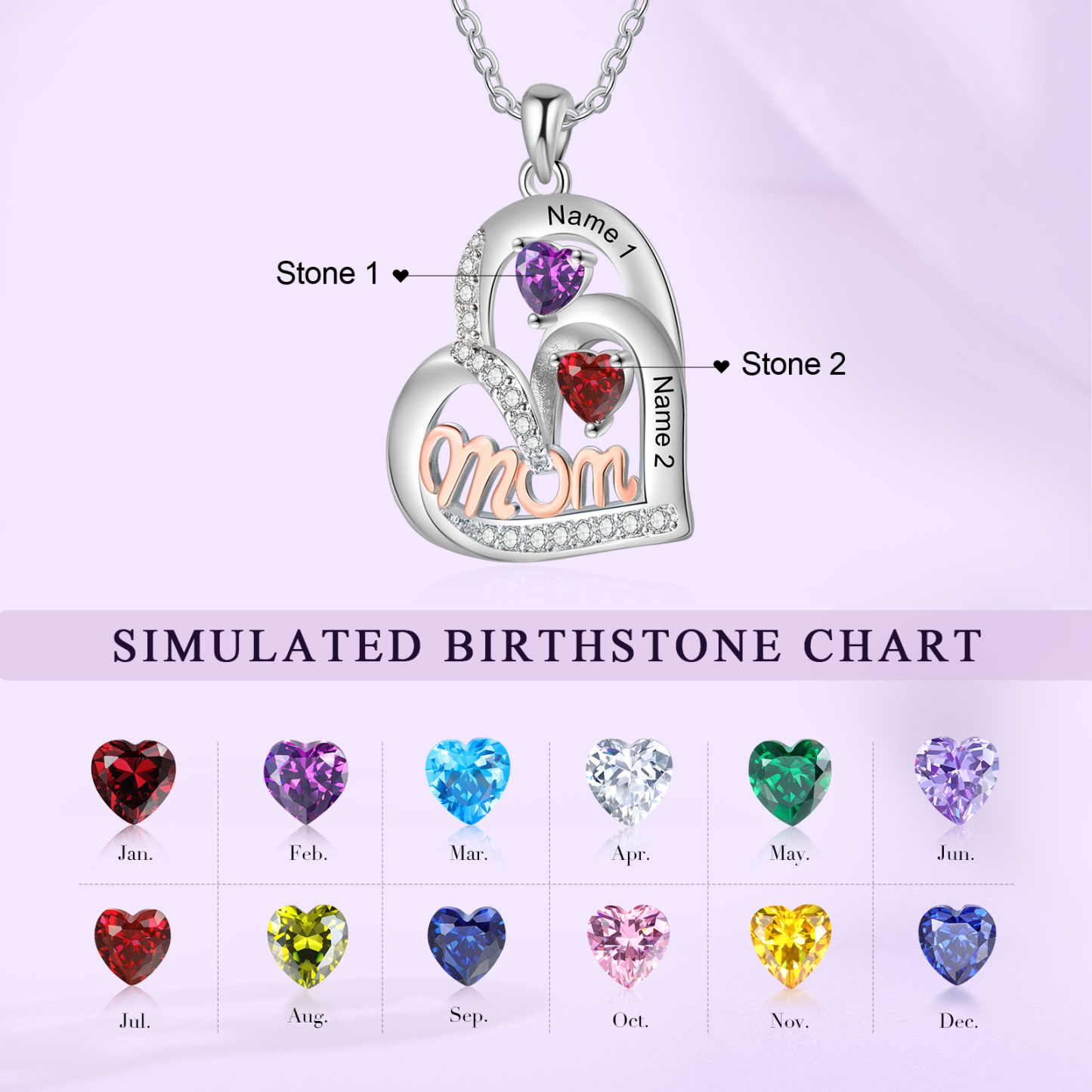 Personalisierte 2 Namen & 2 Geburtssteinen mit rosegold MOM Doppelherz-Halskette-Herzliches Geschenk für Mama Mutter