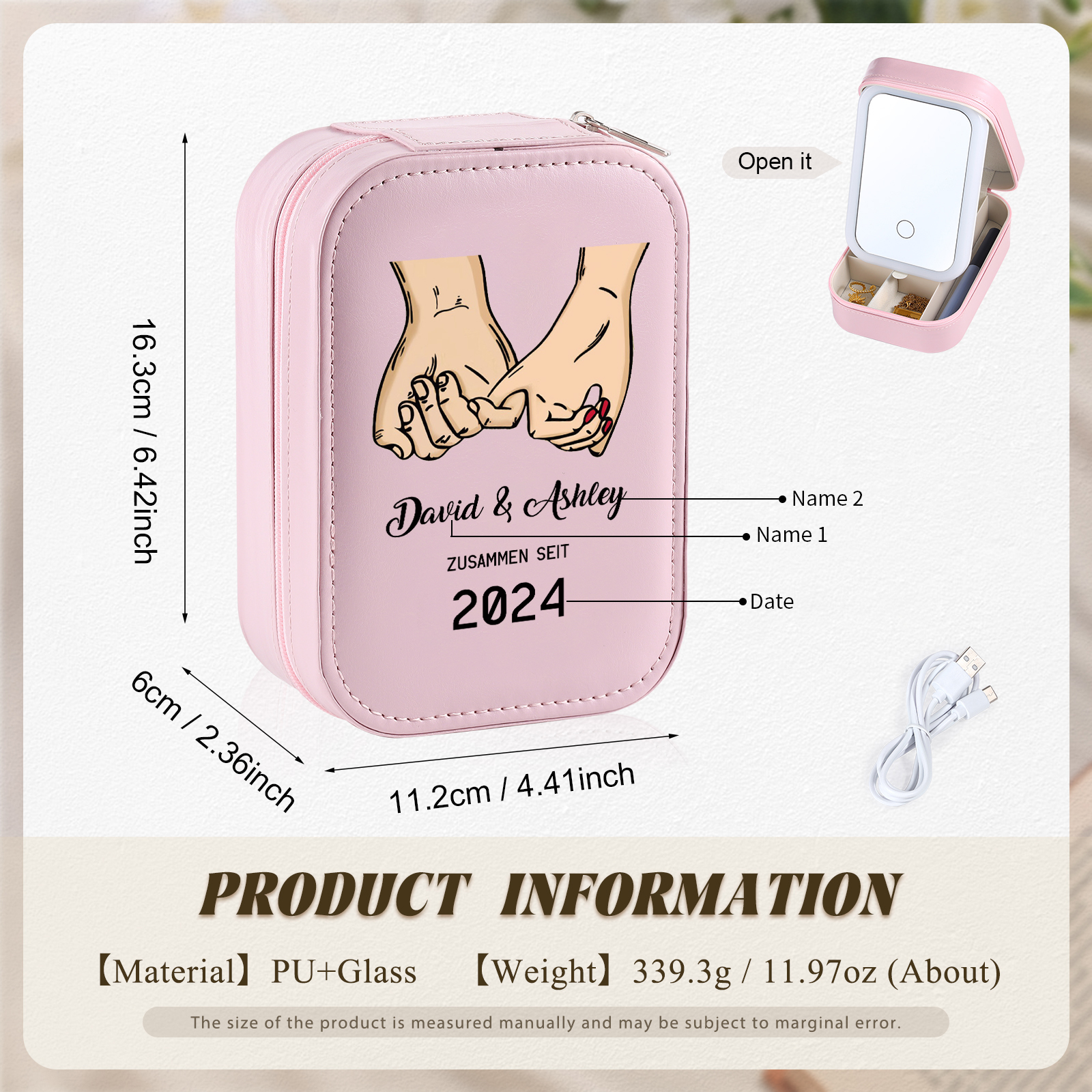Personalisierte 2 Namen & Datum Hand in Hand Zusammen Seit Aufbewahrungsbox mit Spiegel Rosa Weiß Grün PU-Leder & Glas Kosmetikspiegel mit 3 Lichtfarben