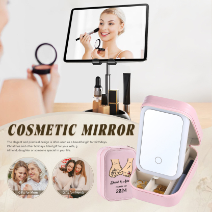 Personalisierte 2 Namen & Datum Hand in Hand Zusammen Seit Aufbewahrungsbox mit Spiegel Rosa Weiß Grün PU-Leder & Glas Kosmetikspiegel mit 3 Lichtfarben