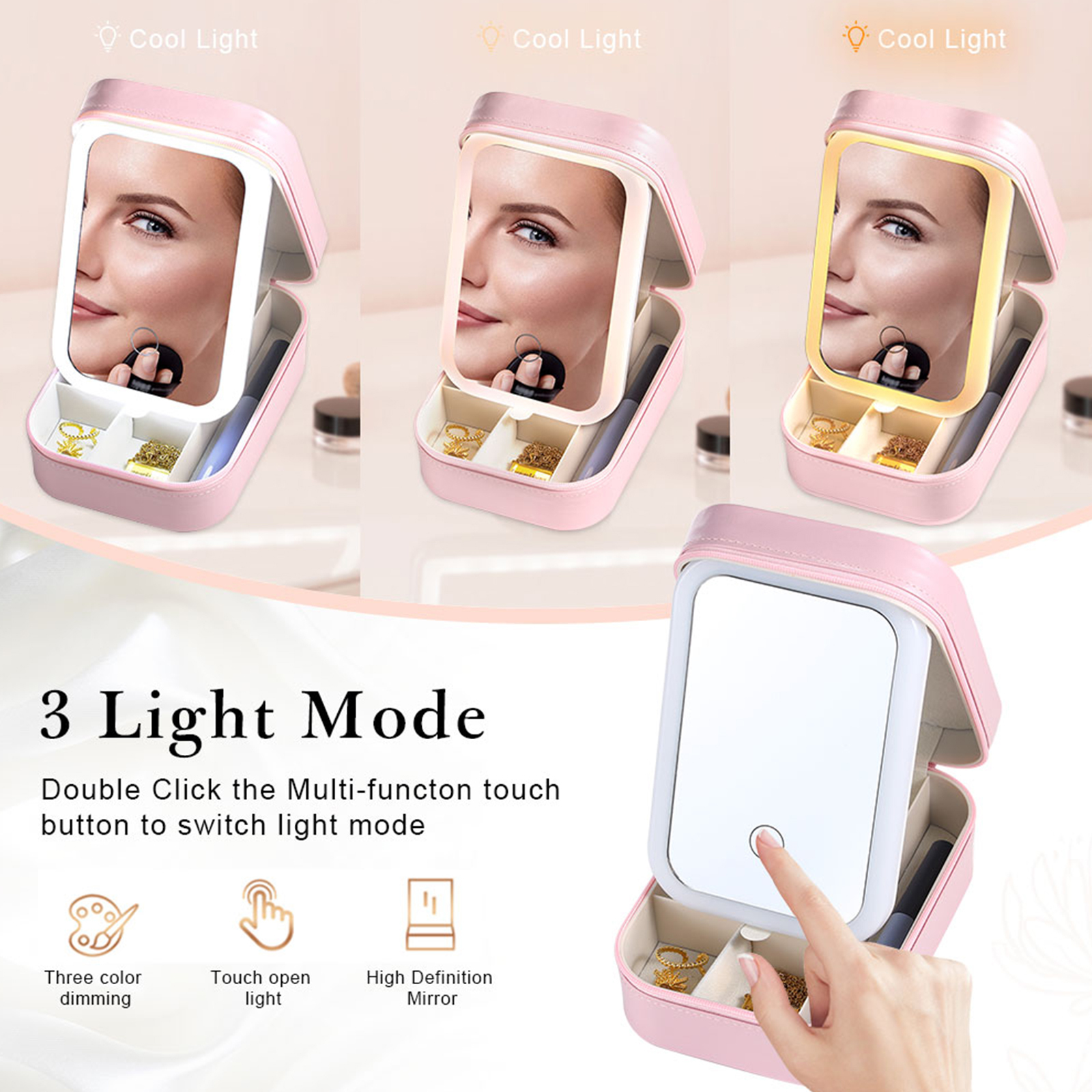 Personalisierte 2 Namen Eine echte Freundschaft ist eine Reise ohne Ende Aufbewahrungsbox mit Spiegel Rosa Weiß Grün PU-Leder & Glas Kosmetikspiegel mit 3 Lichtfarben