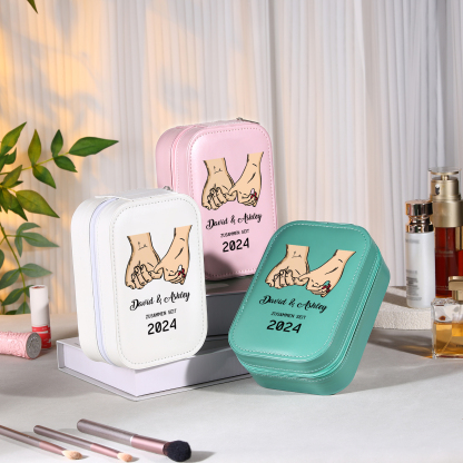 Personalisierte 2 Namen & Datum Hand in Hand Zusammen Seit Aufbewahrungsbox mit Spiegel Rosa Weiß Grün PU-Leder & Glas Kosmetikspiegel mit 3 Lichtfarben
