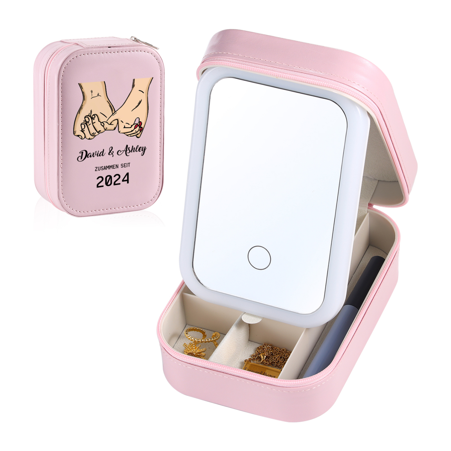 Personalisierte 2 Namen & Datum Hand in Hand Zusammen Seit Aufbewahrungsbox mit Spiegel Rosa Weiß Grün PU-Leder & Glas Kosmetikspiegel mit 3 Lichtfarben