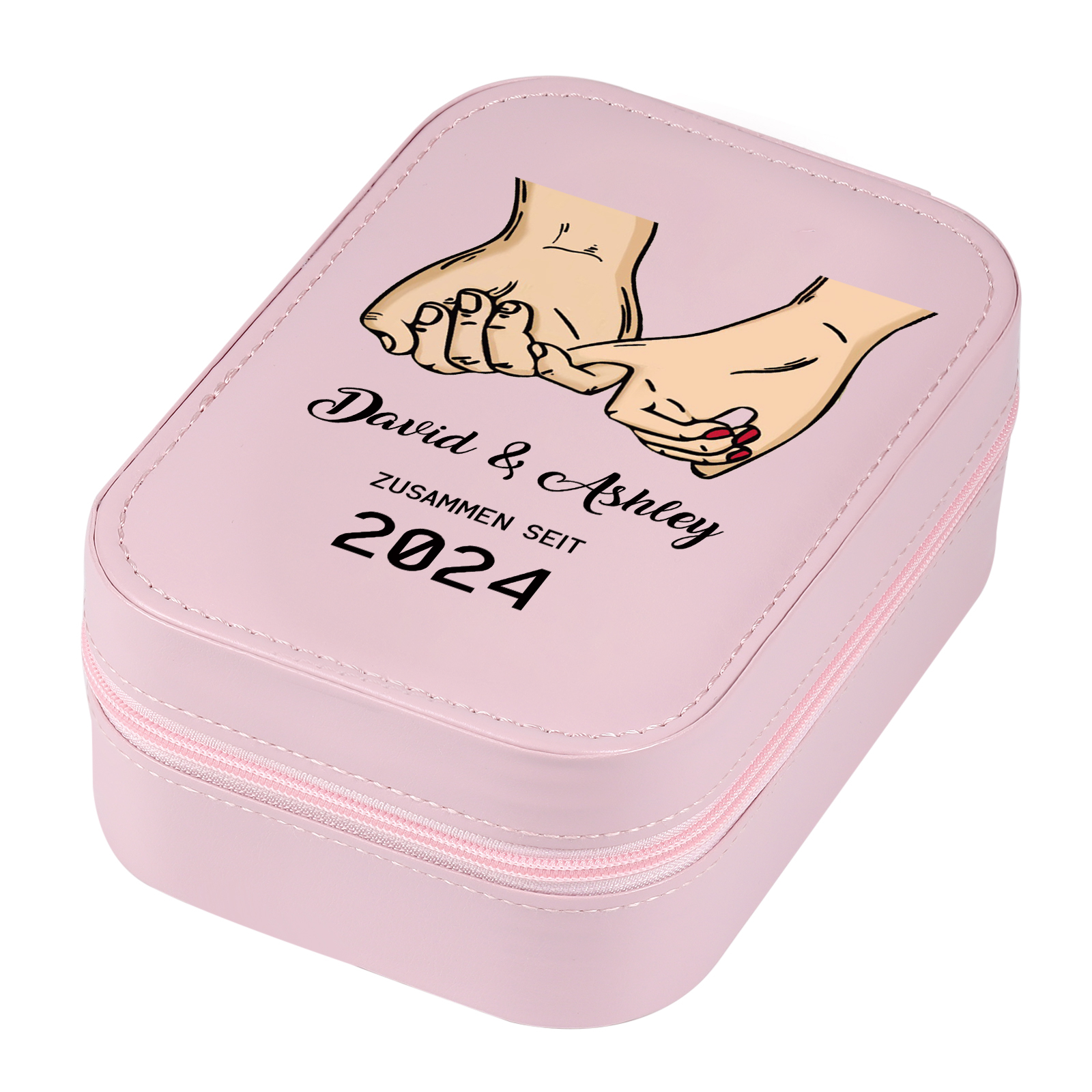 Personalisierte 2 Namen & Datum Hand in Hand Zusammen Seit Aufbewahrungsbox mit Spiegel Rosa Weiß Grün PU-Leder & Glas Kosmetikspiegel mit 3 Lichtfarben