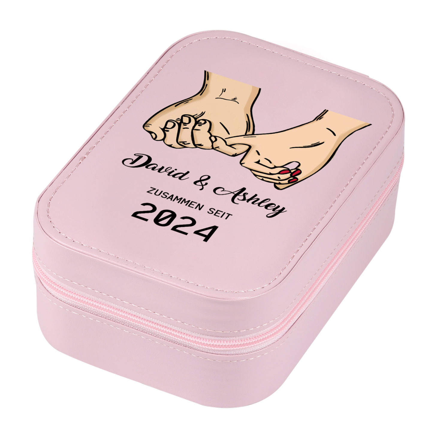 Personalisierte 2 Namen & Datum Hand in Hand Zusammen Seit Aufbewahrungsbox mit Spiegel Rosa Weiß Grün PU-Leder & Glas Kosmetikspiegel mit 3 Lichtfarben