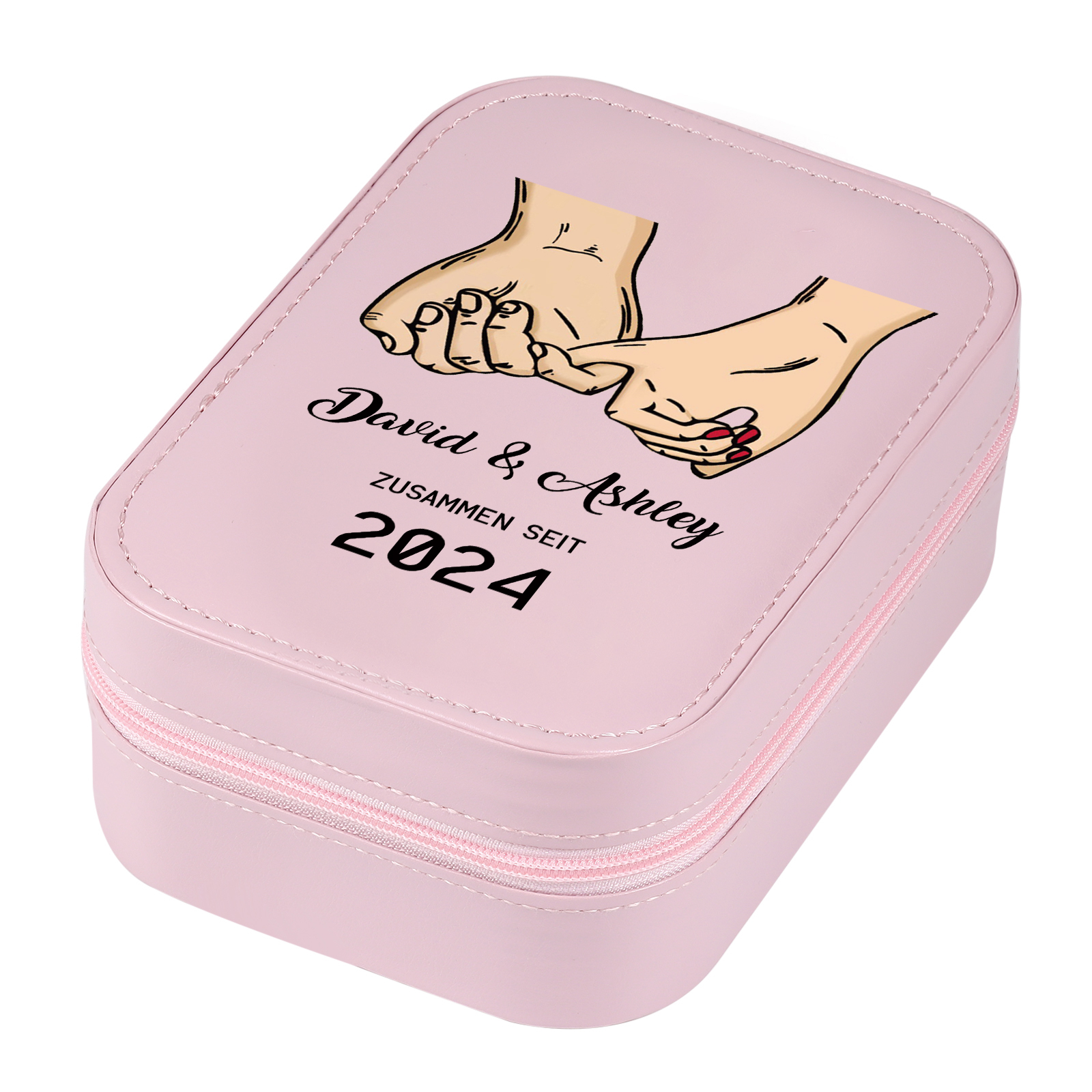 Personalisierte 2 Namen & Datum Hand in Hand Zusammen Seit Aufbewahrungsbox mit Spiegel Rosa Weiß Grün PU-Leder & Glas Kosmetikspiegel mit 3 Lichtfarben