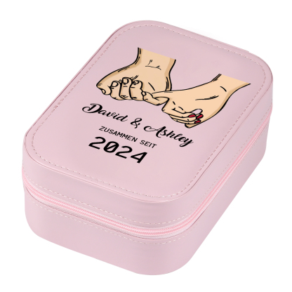 Personalisierte 2 Namen & Datum Hand in Hand Zusammen Seit Aufbewahrungsbox mit Spiegel Rosa Weiß Grün PU-Leder & Glas Kosmetikspiegel mit 3 Lichtfarben