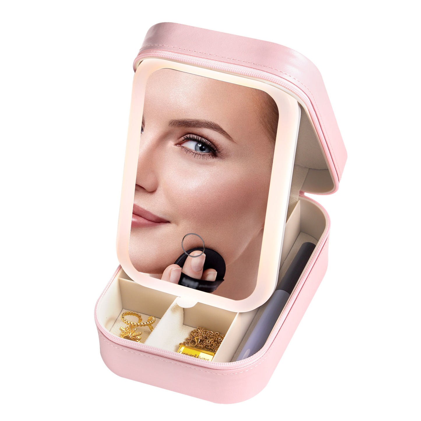 Personalisierte 2 Namen Eine echte Freundschaft ist eine Reise ohne Ende Aufbewahrungsbox mit Spiegel Rosa Weiß Grün PU-Leder & Glas Kosmetikspiegel mit 3 Lichtfarben