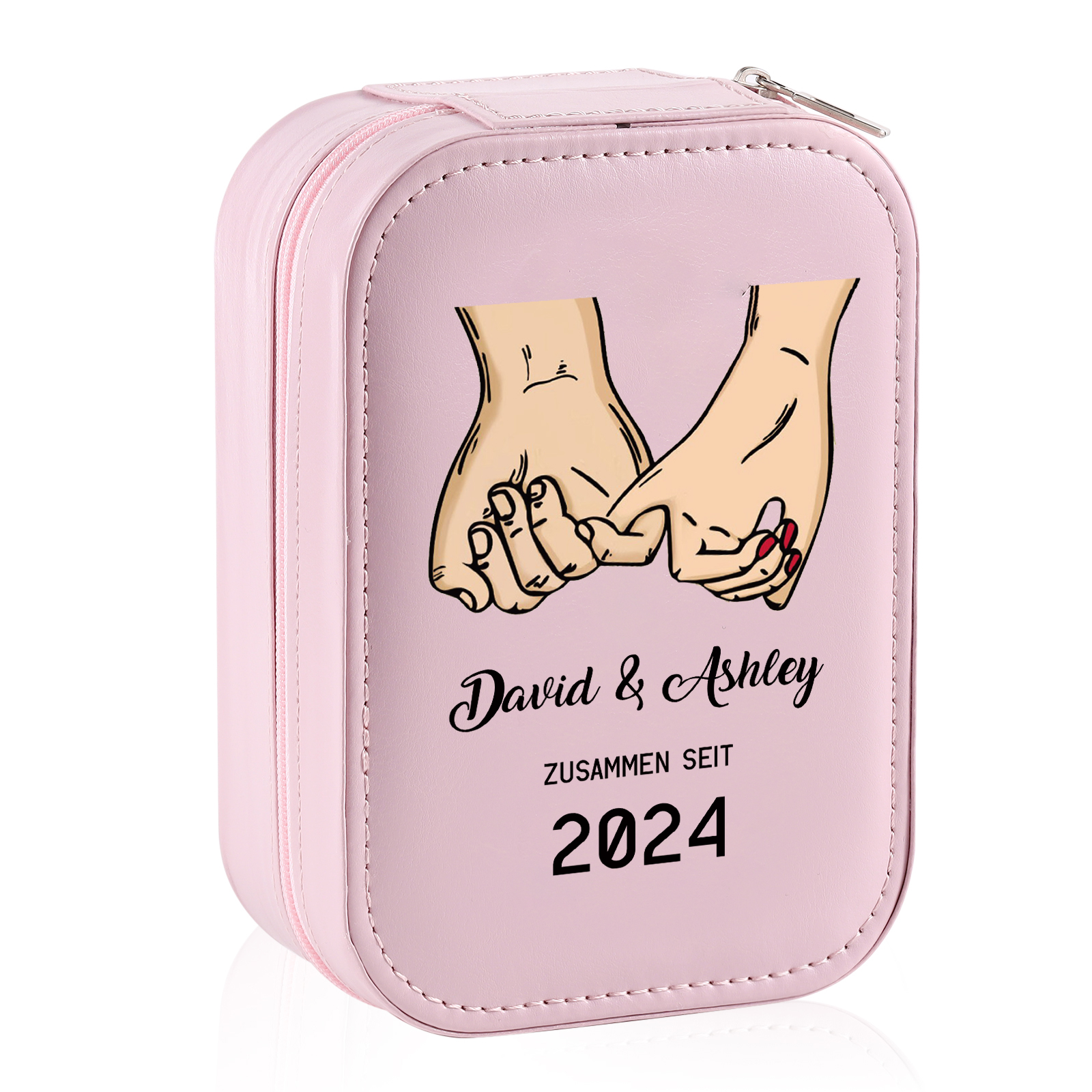 Personalisierte 2 Namen & Datum Hand in Hand Zusammen Seit Aufbewahrungsbox mit Spiegel Rosa Weiß Grün PU-Leder & Glas Kosmetikspiegel mit 3 Lichtfarben