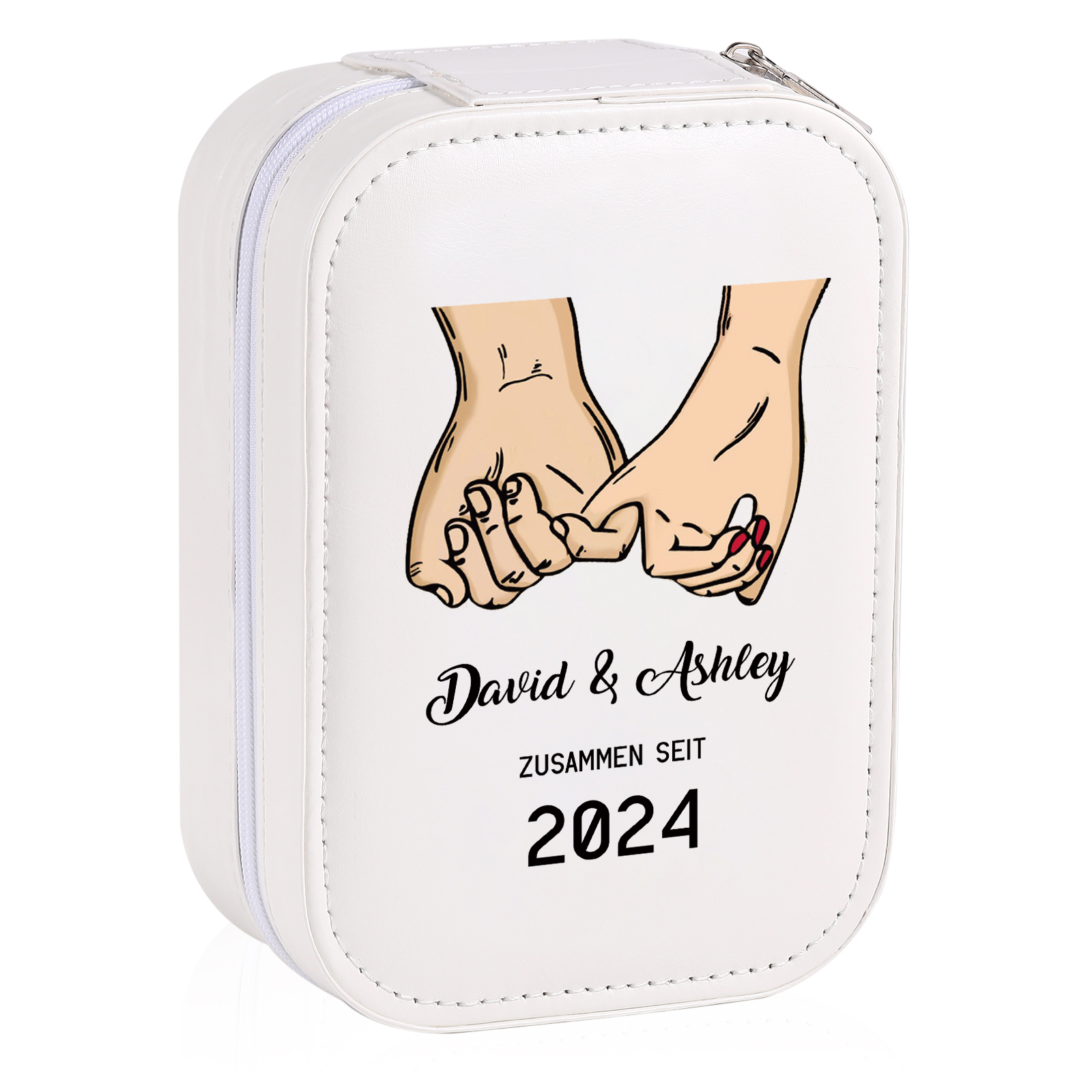 Personalisierte 2 Namen & Datum Hand in Hand Zusammen Seit Aufbewahrungsbox mit Spiegel Rosa Weiß Grün PU-Leder & Glas Kosmetikspiegel mit 3 Lichtfarben