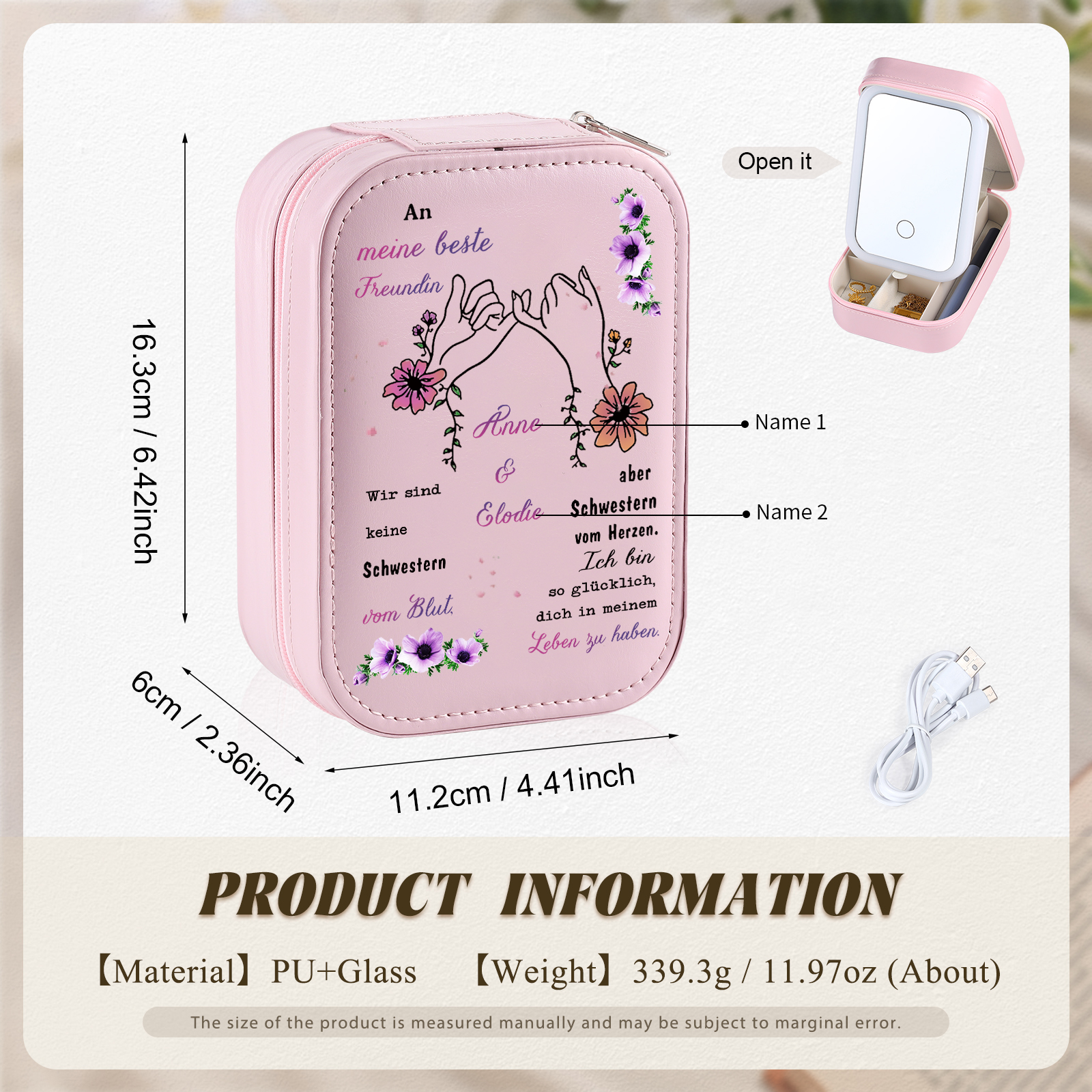[Copy]Personalisierte 2 Namen & Datum Hand in Hand Zusammen Seit Aufbewahrungsbox mit Spiegel Rosa Weiß Grün PU-Leder & Glas Kosmetikspiegel mit 3 Lichtfarben
