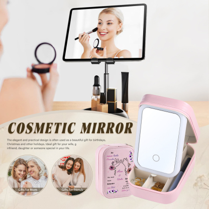 [Copy]Personalisierte 2 Namen & Datum Hand in Hand Zusammen Seit Aufbewahrungsbox mit Spiegel Rosa Weiß Grün PU-Leder & Glas Kosmetikspiegel mit 3 Lichtfarben