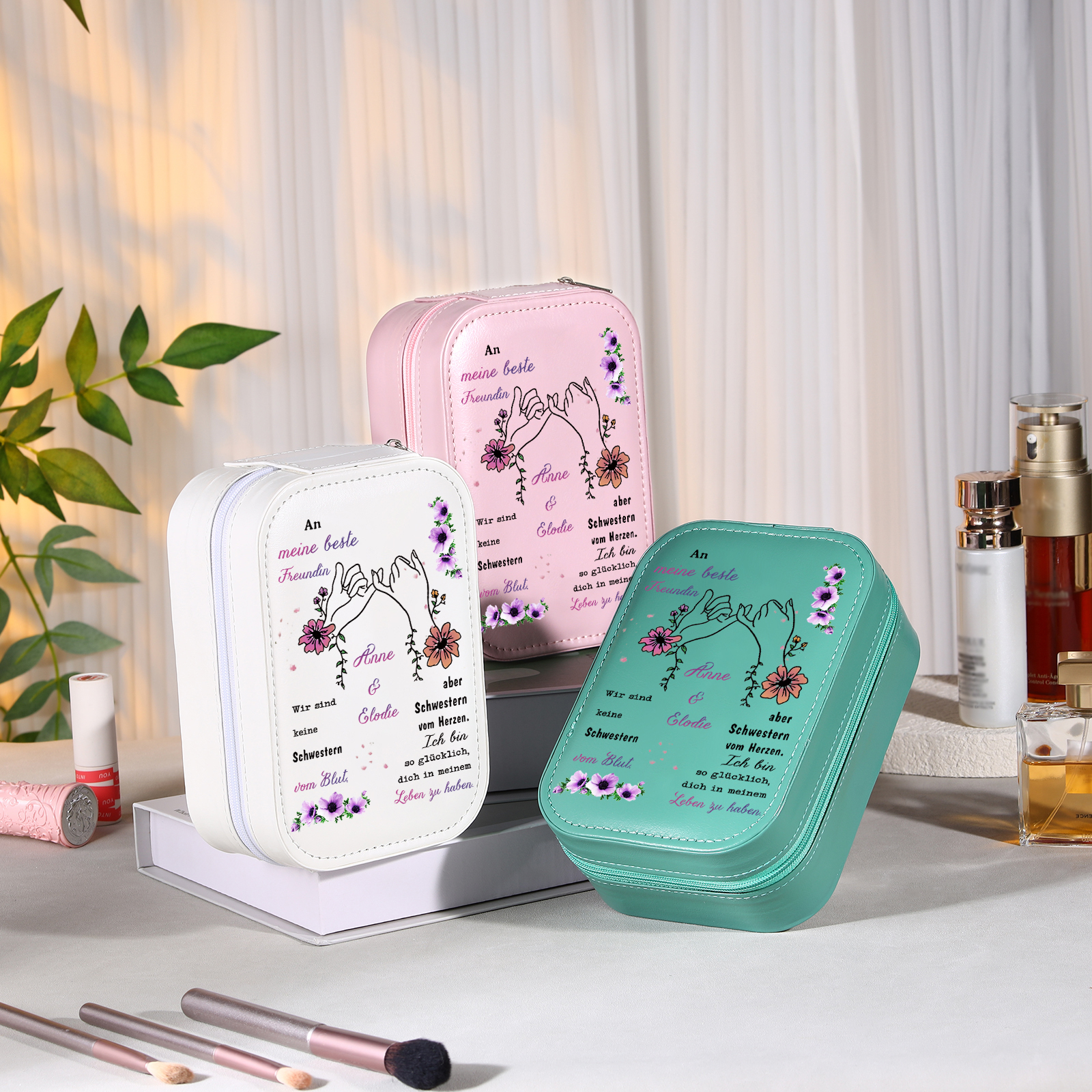 [Copy]Personalisierte 2 Namen & Datum Hand in Hand Zusammen Seit Aufbewahrungsbox mit Spiegel Rosa Weiß Grün PU-Leder & Glas Kosmetikspiegel mit 3 Lichtfarben