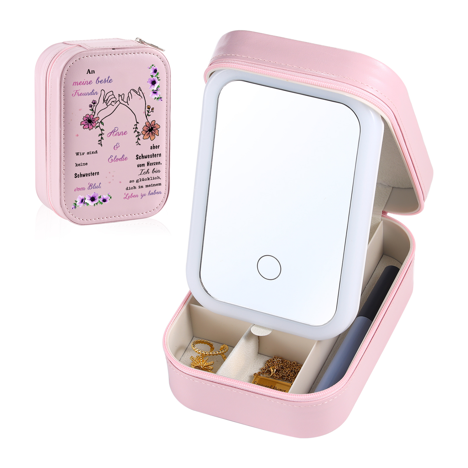[Copy]Personalisierte 2 Namen & Datum Hand in Hand Zusammen Seit Aufbewahrungsbox mit Spiegel Rosa Weiß Grün PU-Leder & Glas Kosmetikspiegel mit 3 Lichtfarben