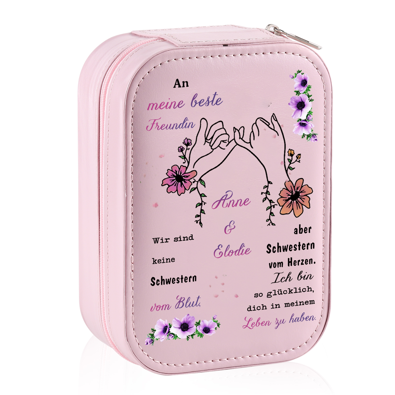 [Copy]Personalisierte 2 Namen & Datum Hand in Hand Zusammen Seit Aufbewahrungsbox mit Spiegel Rosa Weiß Grün PU-Leder & Glas Kosmetikspiegel mit 3 Lichtfarben