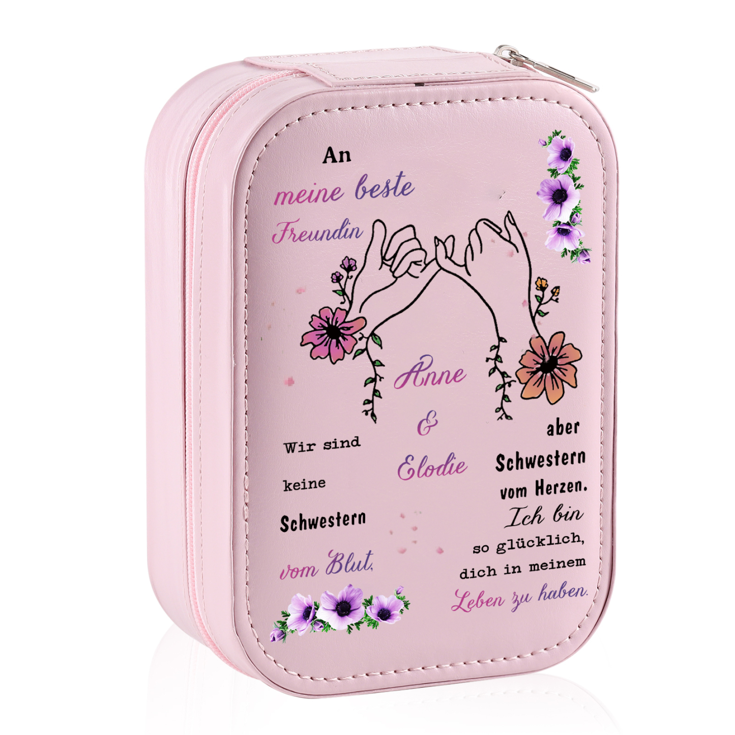 [Copy]Personalisierte 2 Namen & Datum Hand in Hand Zusammen Seit Aufbewahrungsbox mit Spiegel Rosa Weiß Grün PU-Leder & Glas Kosmetikspiegel mit 3 Lichtfarben