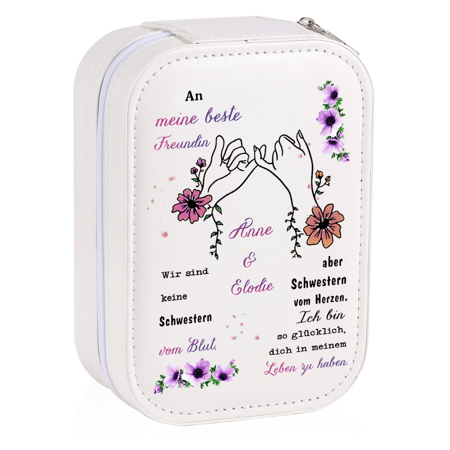 [Copy]Personalisierte 2 Namen & Datum Hand in Hand Zusammen Seit Aufbewahrungsbox mit Spiegel Rosa Weiß Grün PU-Leder & Glas Kosmetikspiegel mit 3 Lichtfarben