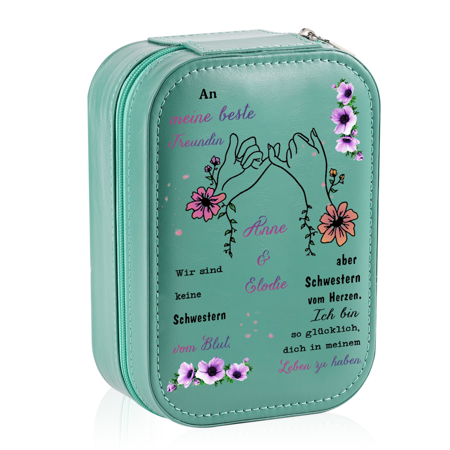 [Copy]Personalisierte 2 Namen & Datum Hand in Hand Zusammen Seit Aufbewahrungsbox mit Spiegel Rosa Weiß Grün PU-Leder & Glas Kosmetikspiegel mit 3 Lichtfarben