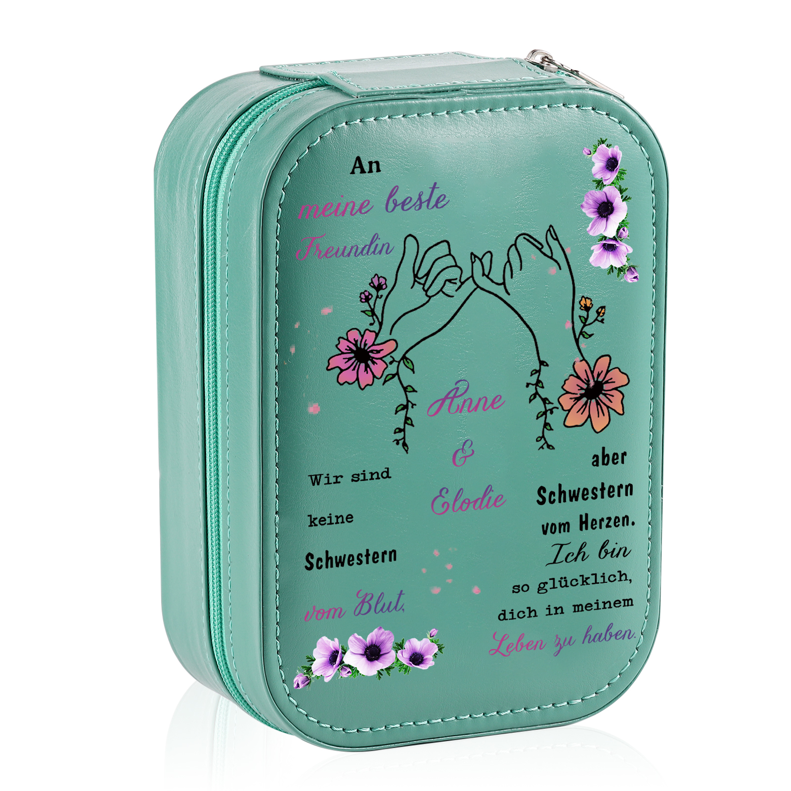 [Copy]Personalisierte 2 Namen & Datum Hand in Hand Zusammen Seit Aufbewahrungsbox mit Spiegel Rosa Weiß Grün PU-Leder & Glas Kosmetikspiegel mit 3 Lichtfarben