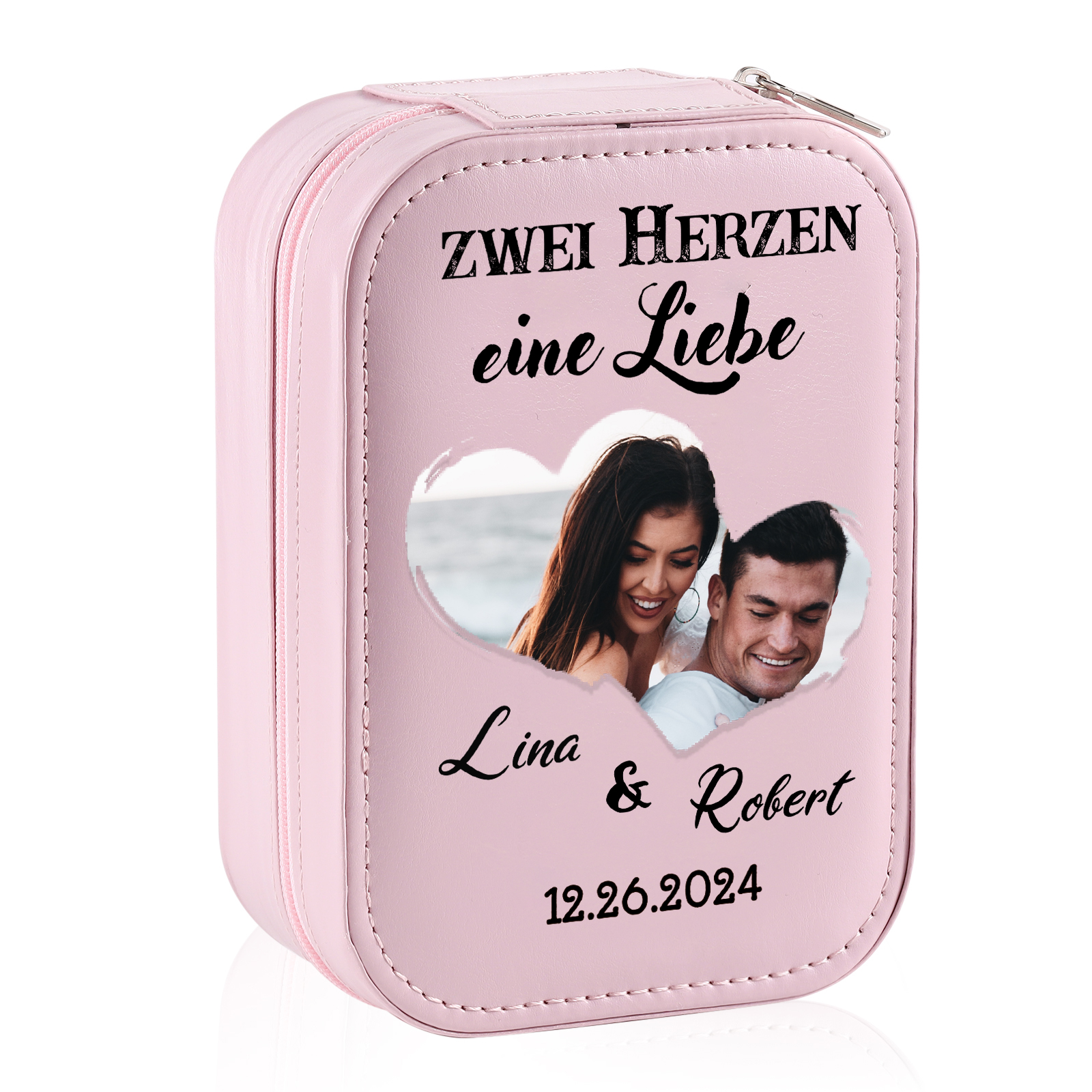 Personalisierte 2 Namen & Datum & Foto Zwei Herzen eine Liebe Aufbewahrungsbox mit Spiegel Rosa Weiß Grün PU-Leder & Glas Kosmetikspiegel mit 3 Lichtfarben