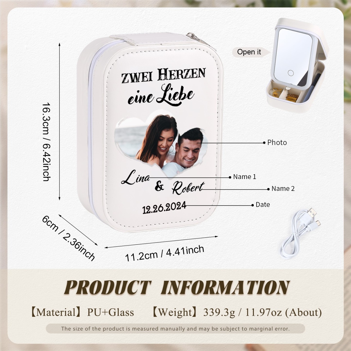 Personalisierte 2 Namen & Datum & Foto Zwei Herzen eine Liebe Aufbewahrungsbox mit Spiegel Rosa Weiß Grün PU-Leder & Glas Kosmetikspiegel mit 3 Lichtfarben