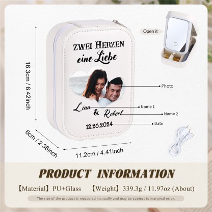 Personalisierte 2 Namen & Datum & Foto Zwei Herzen eine Liebe Aufbewahrungsbox mit Spiegel Rosa Weiß Grün PU-Leder & Glas Kosmetikspiegel mit 3 Lichtfarben