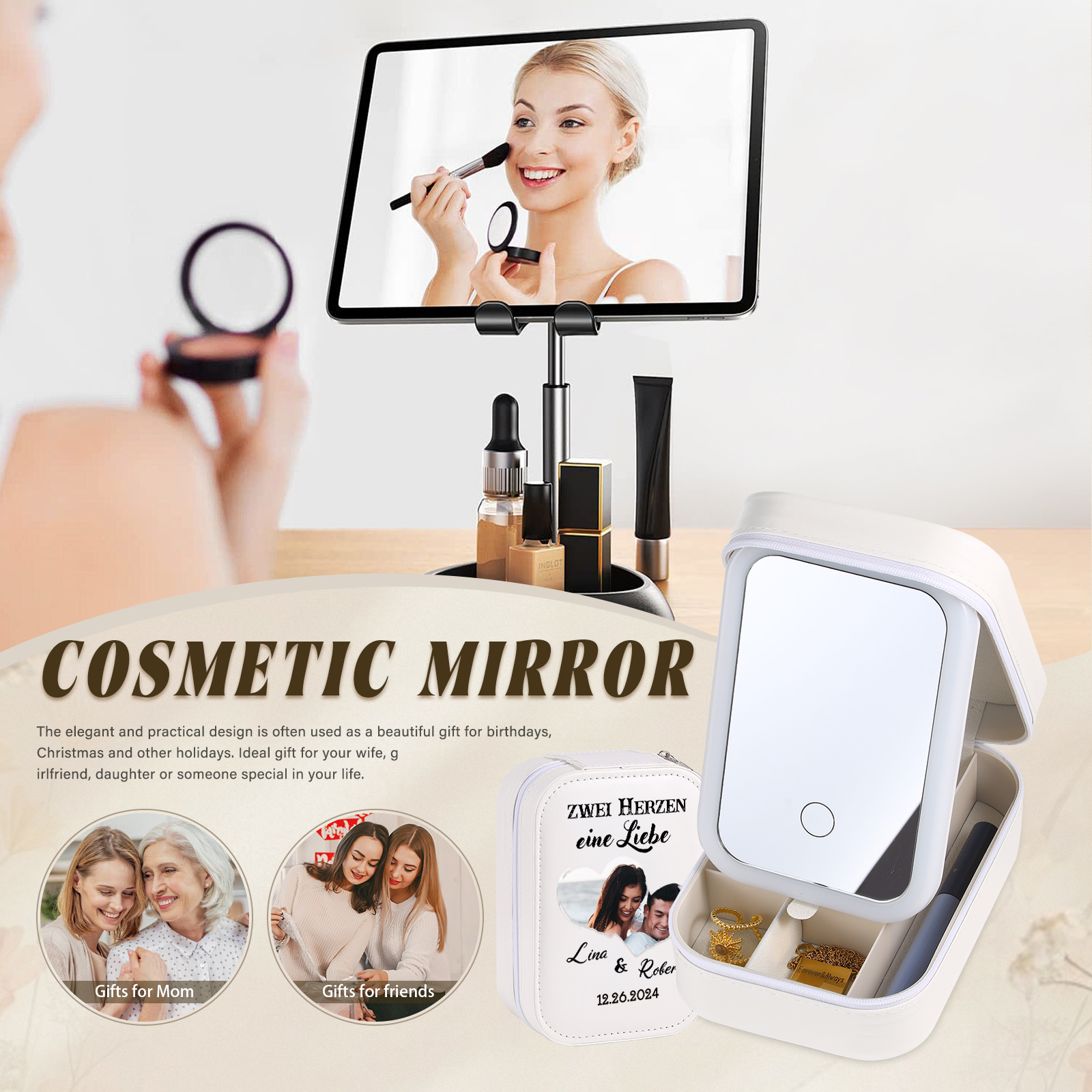 Personalisierte 2 Namen & Datum & Foto Zwei Herzen eine Liebe Aufbewahrungsbox mit Spiegel Rosa Weiß Grün PU-Leder & Glas Kosmetikspiegel mit 3 Lichtfarben