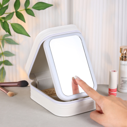 Personalisierte 2 Namen & Datum & Foto Zwei Herzen eine Liebe Aufbewahrungsbox mit Spiegel Rosa Weiß Grün PU-Leder & Glas Kosmetikspiegel mit 3 Lichtfarben