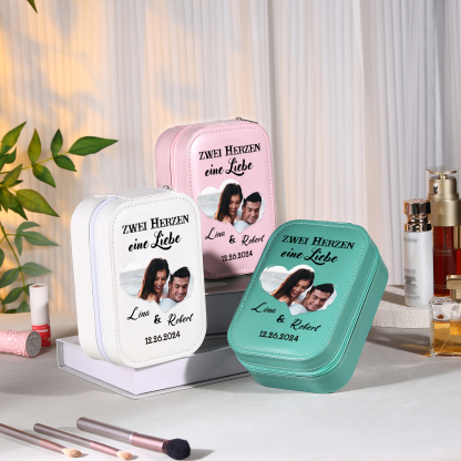 Personalisierte 2 Namen & Datum & Foto Zwei Herzen eine Liebe Aufbewahrungsbox mit Spiegel Rosa Weiß Grün PU-Leder & Glas Kosmetikspiegel mit 3 Lichtfarben