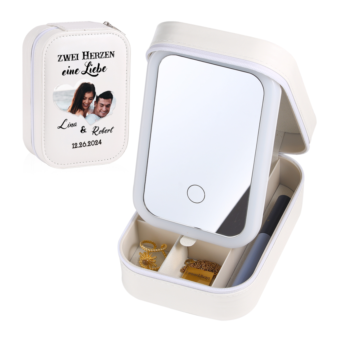 Personalisierte 2 Namen & Datum & Foto Zwei Herzen eine Liebe Aufbewahrungsbox mit Spiegel Rosa Weiß Grün PU-Leder & Glas Kosmetikspiegel mit 3 Lichtfarben