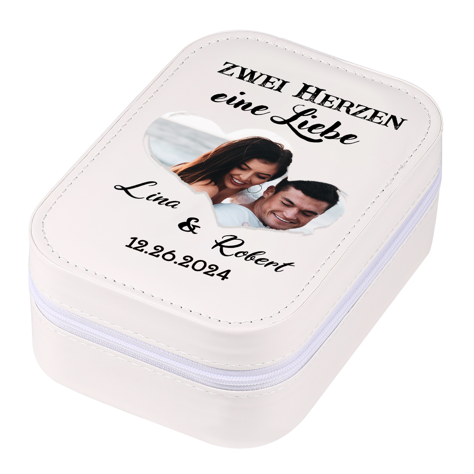 Personalisierte 2 Namen & Datum & Foto Zwei Herzen eine Liebe Aufbewahrungsbox mit Spiegel Rosa Weiß Grün PU-Leder & Glas Kosmetikspiegel mit 3 Lichtfarben