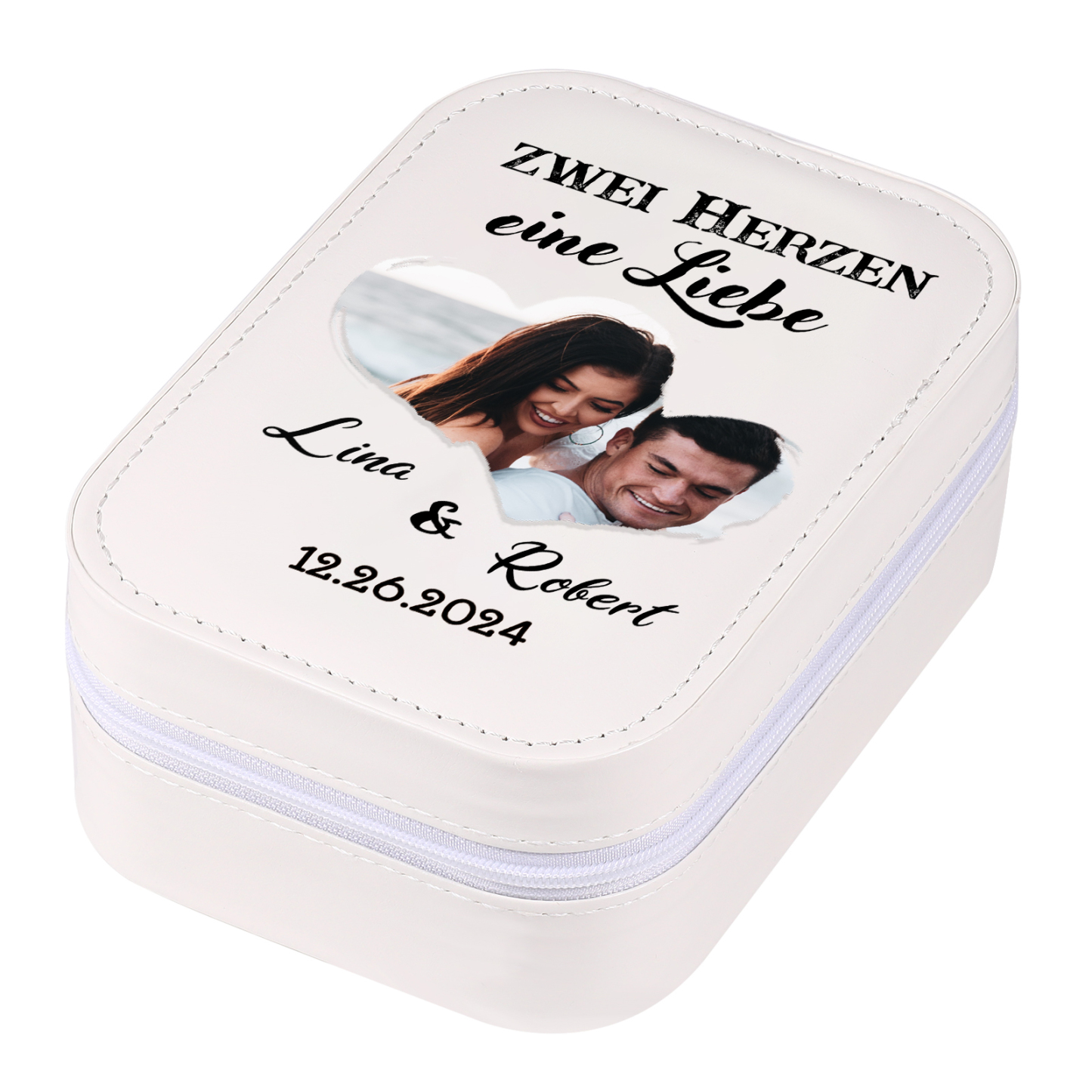 Personalisierte 2 Namen & Datum & Foto Zwei Herzen eine Liebe Aufbewahrungsbox mit Spiegel Rosa Weiß Grün PU-Leder & Glas Kosmetikspiegel mit 3 Lichtfarben