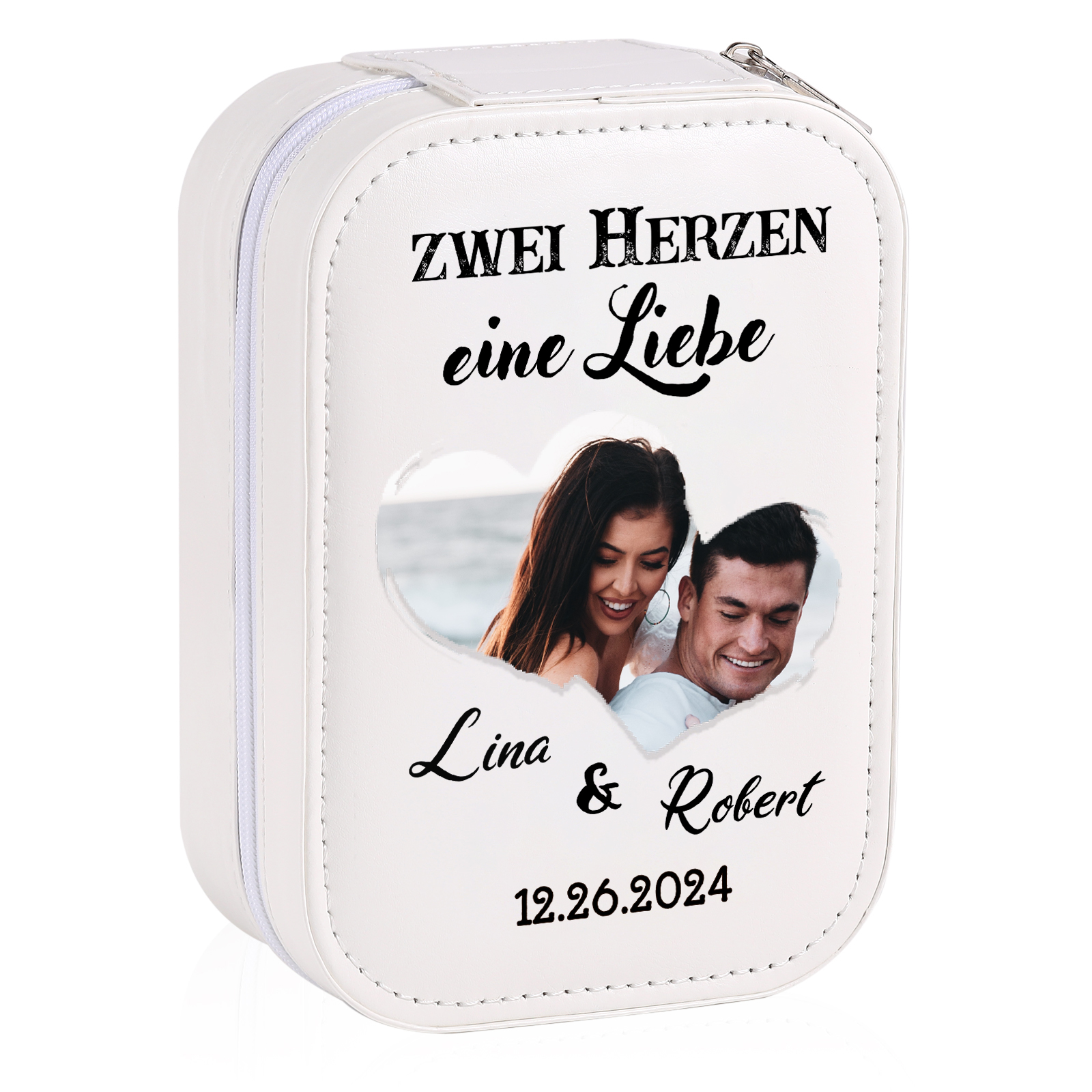 Personalisierte 2 Namen & Datum & Foto Zwei Herzen eine Liebe Aufbewahrungsbox mit Spiegel Rosa Weiß Grün PU-Leder & Glas Kosmetikspiegel mit 3 Lichtfarben