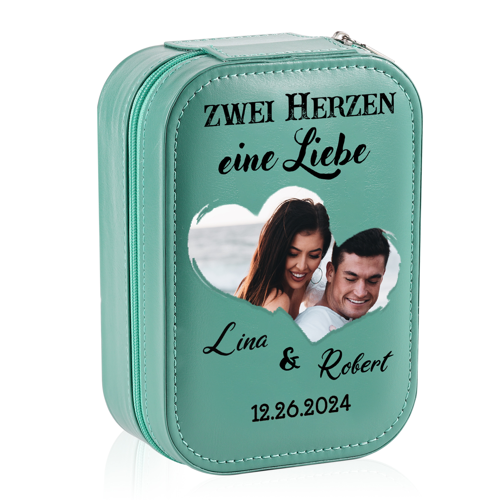Personalisierte 2 Namen & Datum & Foto Zwei Herzen eine Liebe Aufbewahrungsbox mit Spiegel Rosa Weiß Grün PU-Leder & Glas Kosmetikspiegel mit 3 Lichtfarben