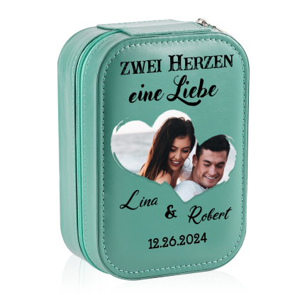 Personalisierte 2 Namen & Datum & Foto Zwei Herzen eine Liebe Aufbewahrungsbox mit Spiegel Rosa Weiß Grün PU-Leder & Glas Kosmetikspiegel mit 3 Lichtfarben