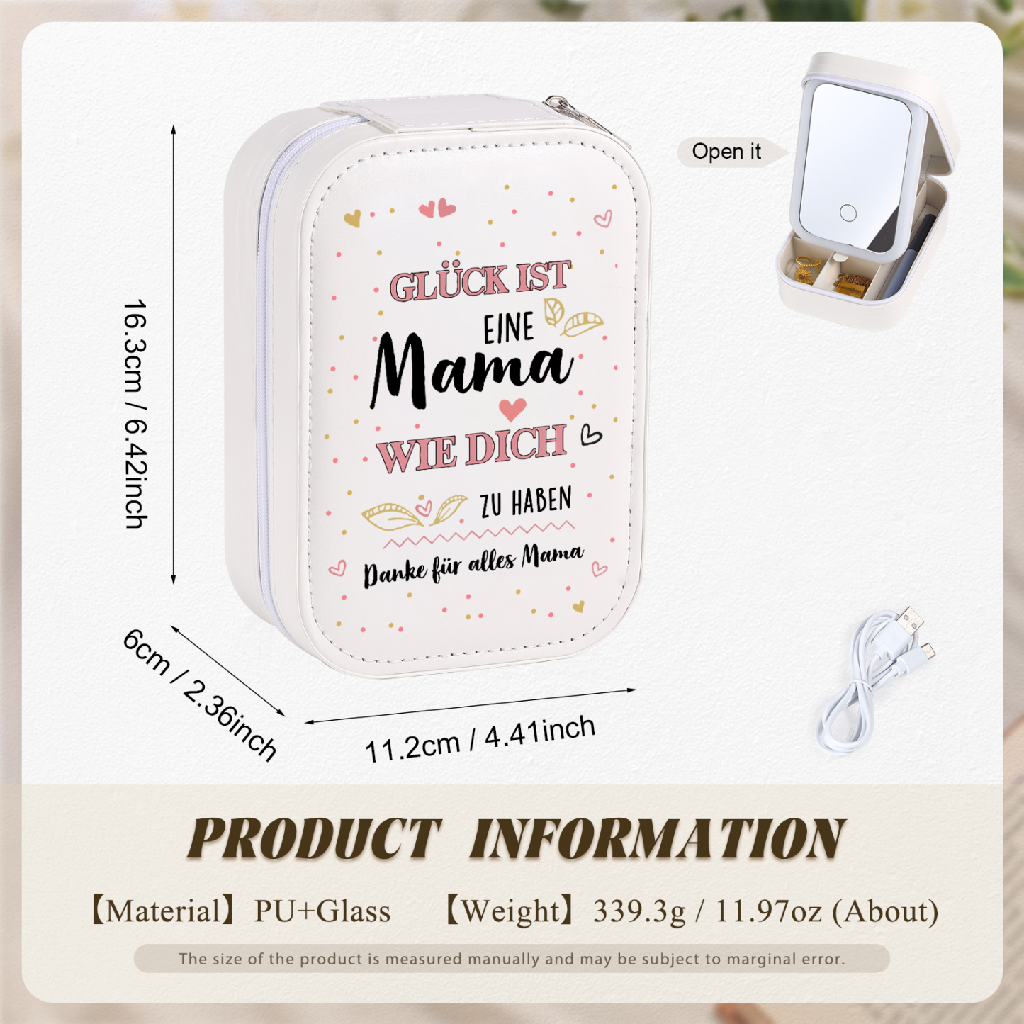 Aufbewahrungsbox mit Spiegel für Mutter Glück ist eine Mama wie dich zu haben Rosa Weiß Grün PU-Leder & Glas Kosmetikspiegel mit 3 Lichtfarben