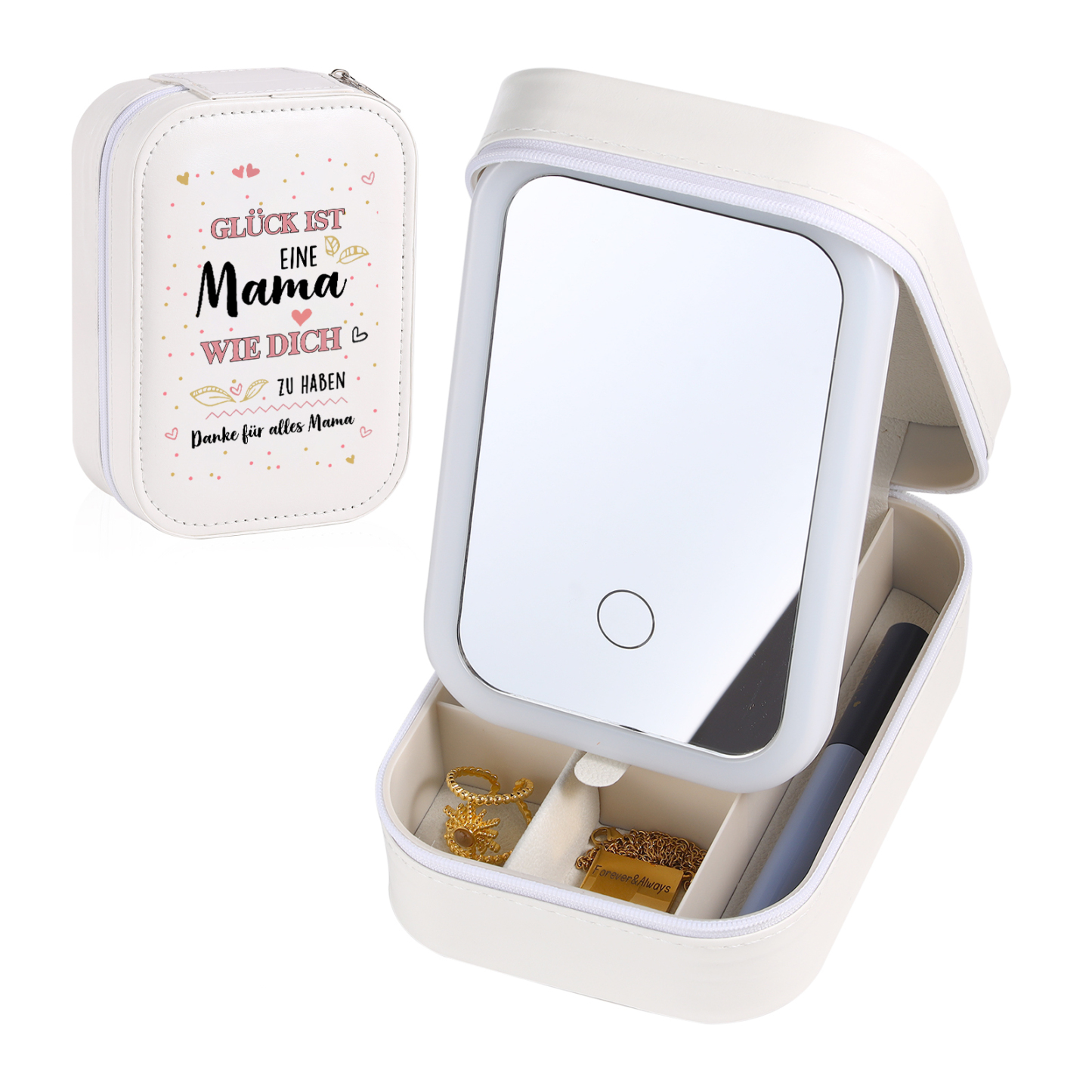 Aufbewahrungsbox mit Spiegel für Mutter Glück ist eine Mama wie dich zu haben Rosa Weiß Grün PU-Leder & Glas Kosmetikspiegel mit 3 Lichtfarben