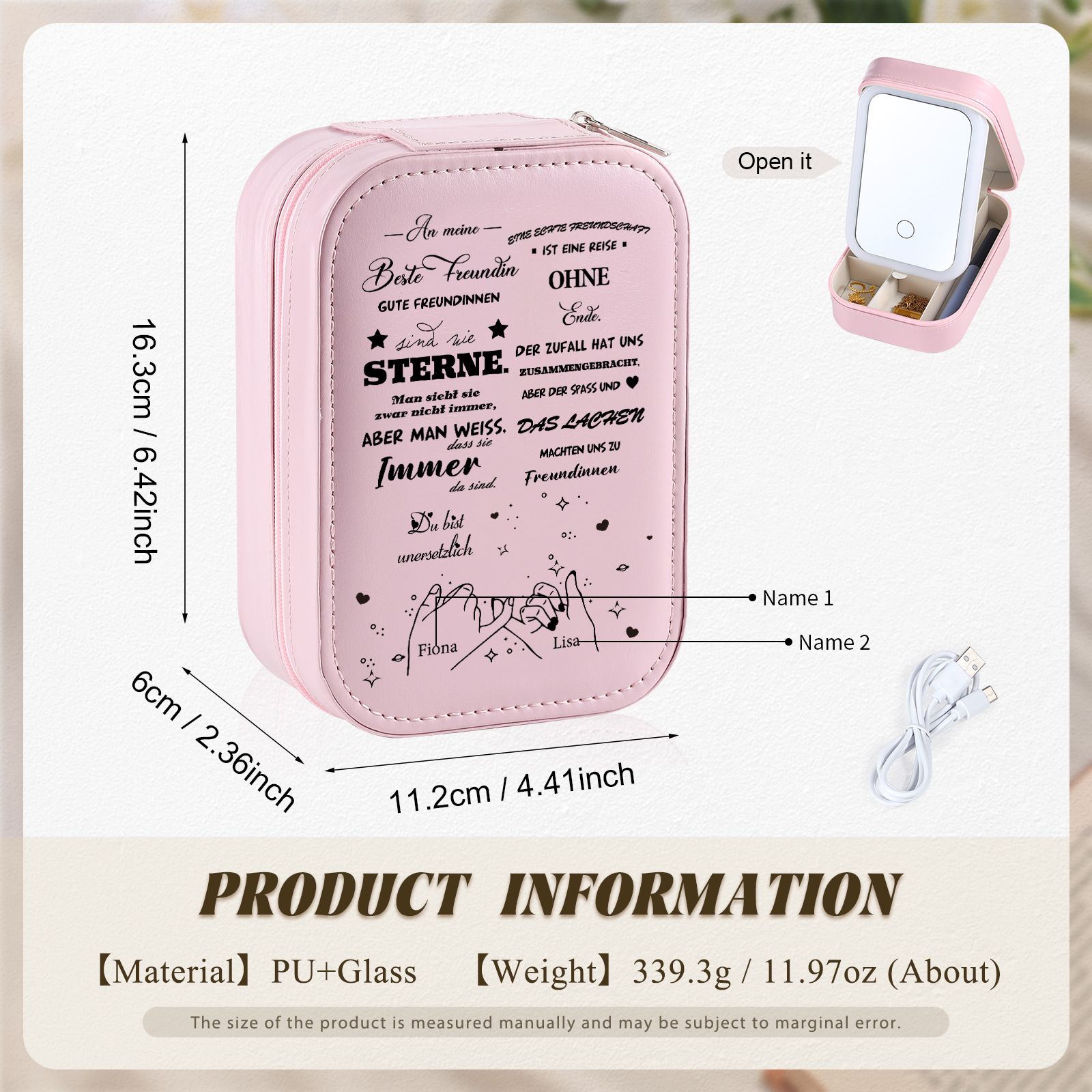 Personalisierte 2 Namen Eine echte Freundschaft ist eine Reise ohne Ende Aufbewahrungsbox mit Spiegel Rosa Weiß Grün PU-Leder & Glas Kosmetikspiegel mit 3 Lichtfarben