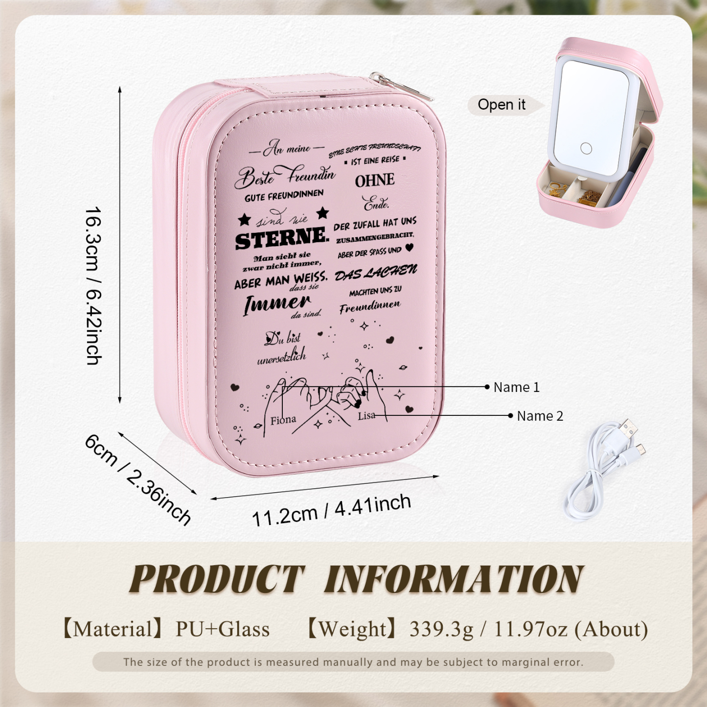 Personalisierte 2 Namen Eine echte Freundschaft ist eine Reise ohne Ende Aufbewahrungsbox mit Spiegel Rosa Weiß Grün PU-Leder & Glas Kosmetikspiegel mit 3 Lichtfarben