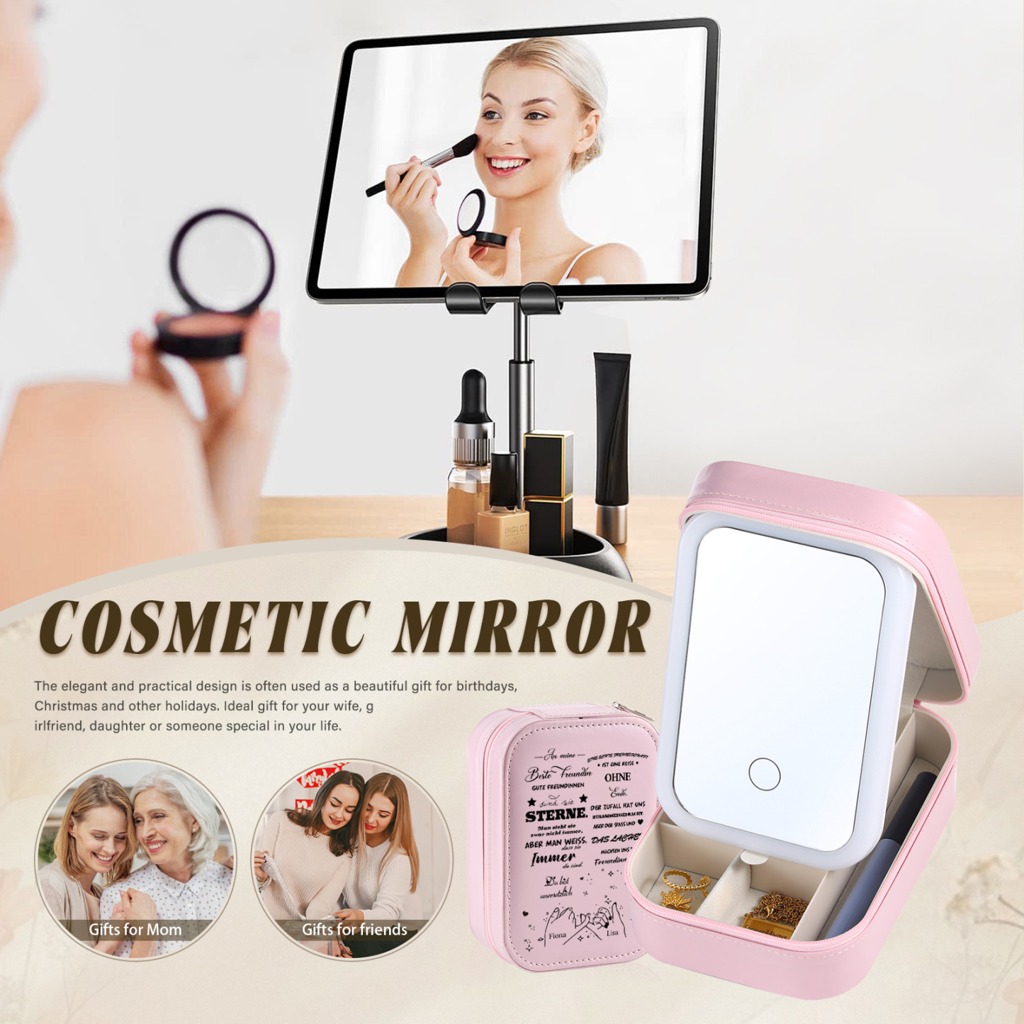 Personalisierte 2 Namen Eine echte Freundschaft ist eine Reise ohne Ende Aufbewahrungsbox mit Spiegel Rosa Weiß Grün PU-Leder & Glas Kosmetikspiegel mit 3 Lichtfarben