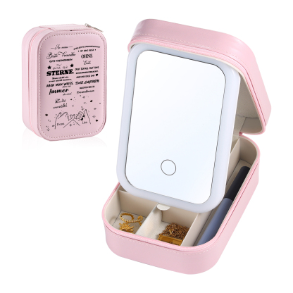 Personalisierte 2 Namen Eine echte Freundschaft ist eine Reise ohne Ende Aufbewahrungsbox mit Spiegel Rosa Weiß Grün PU-Leder & Glas Kosmetikspiegel mit 3 Lichtfarben