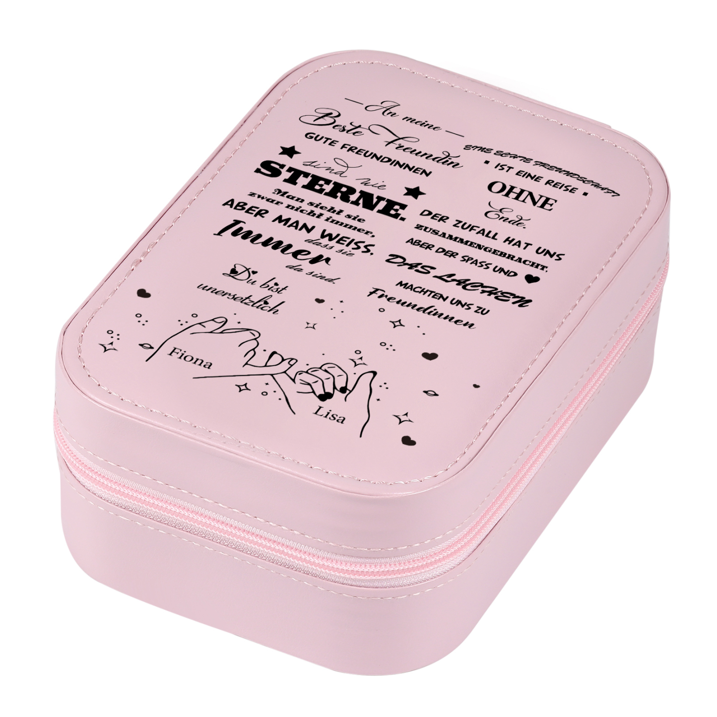 Personalisierte 2 Namen Eine echte Freundschaft ist eine Reise ohne Ende Aufbewahrungsbox mit Spiegel Rosa Weiß Grün PU-Leder & Glas Kosmetikspiegel mit 3 Lichtfarben