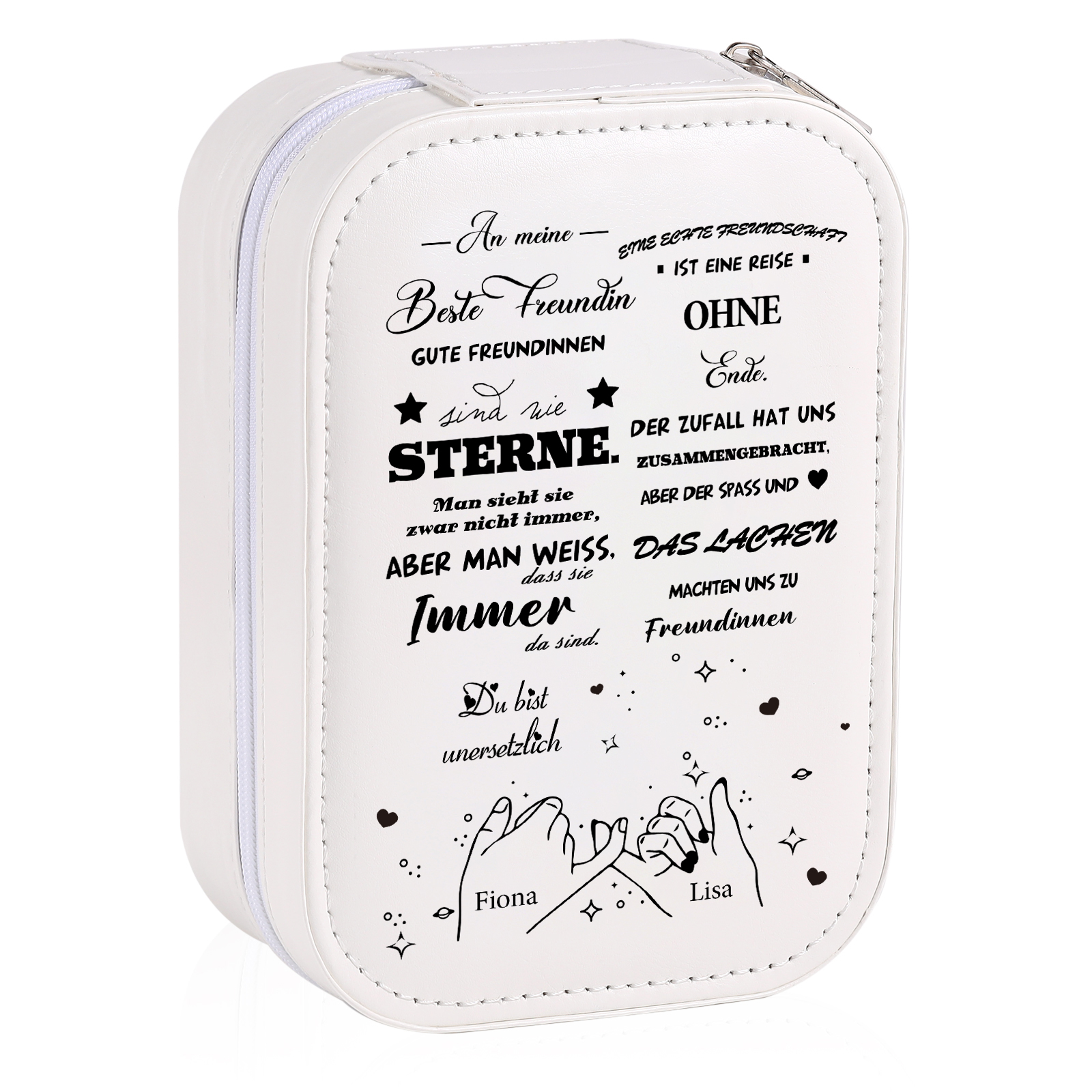 Personalisierte 2 Namen Eine echte Freundschaft ist eine Reise ohne Ende Aufbewahrungsbox mit Spiegel Rosa Weiß Grün PU-Leder & Glas Kosmetikspiegel mit 3 Lichtfarben