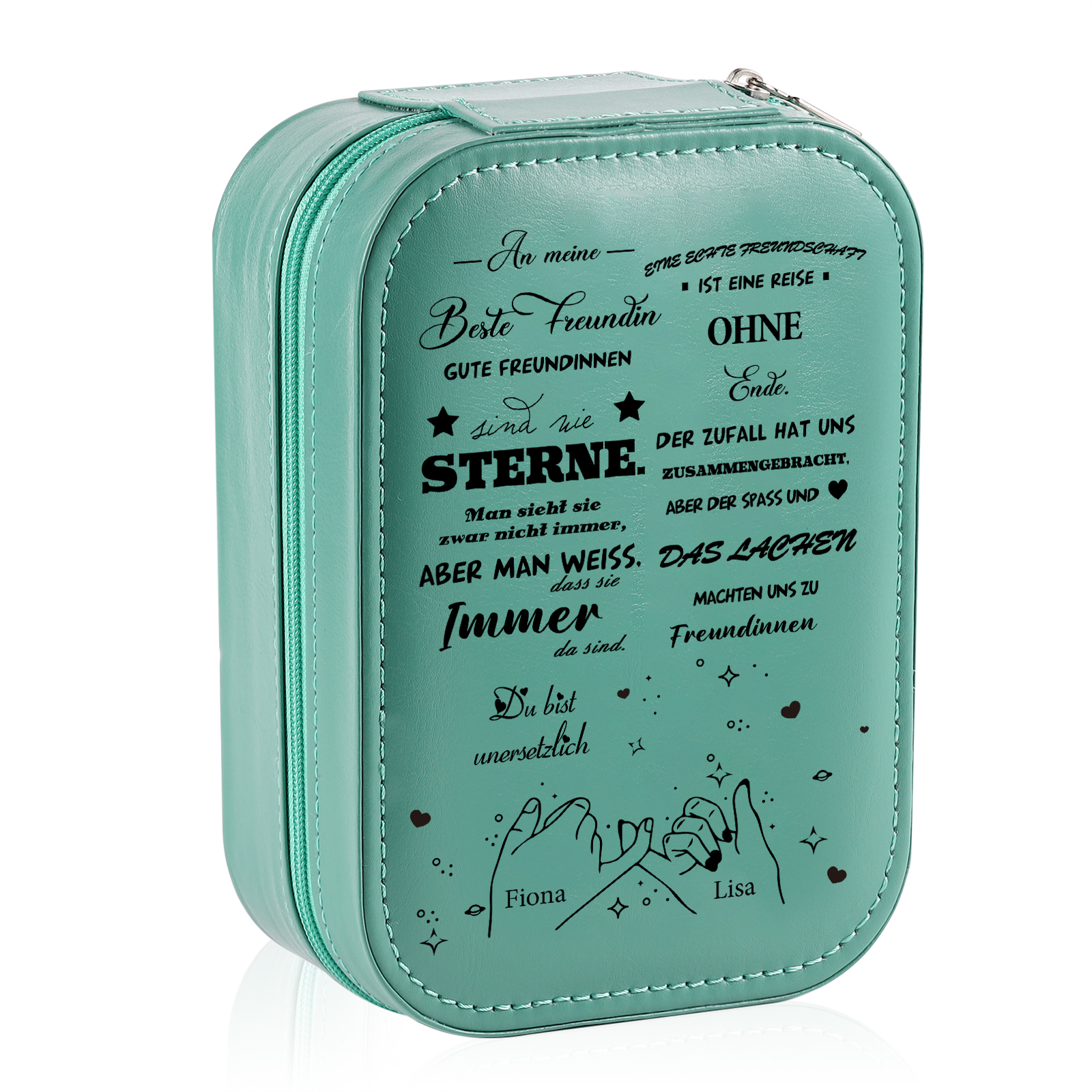 Personalisierte 2 Namen Eine echte Freundschaft ist eine Reise ohne Ende Aufbewahrungsbox mit Spiegel Rosa Weiß Grün PU-Leder & Glas Kosmetikspiegel mit 3 Lichtfarben