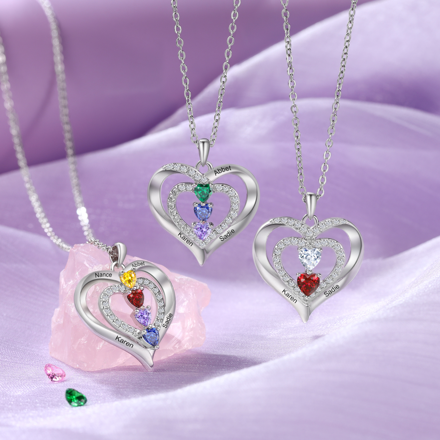 Personalisierte 3 Namen & 3 Geburtssteinen Doppelherz-Halskette-Herzliches Geschenk